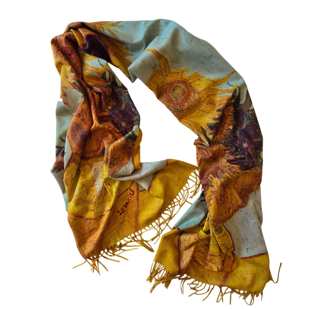 Van Gogh Sunflowers Art Print Scarf Yellow Wool Blend Fringed Wrap Shawl 72x28